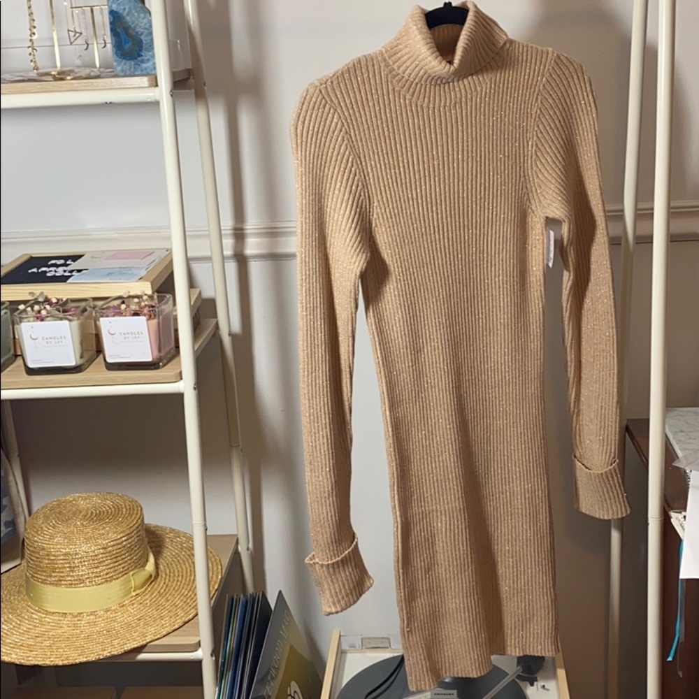 Gold Turtleneck Sweater Dress Long Sleeve - Picture 3 of 7
